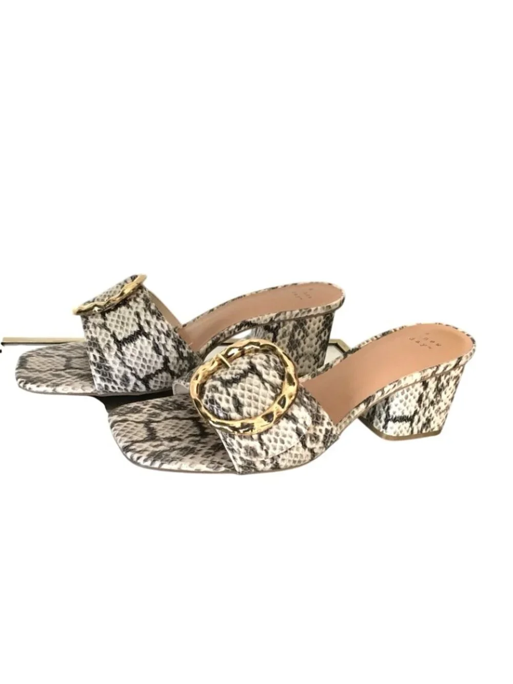 Snake-skin Block Heel Slide Sandals with Gold Buckle by A New Day - Women's Shoe